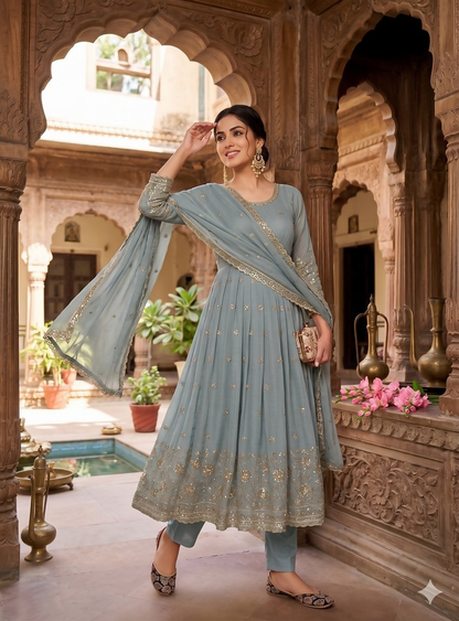 Teeya Creation Elegant Grey Embroidered Anarkali Kurta Set With Mirror Work Dupatta