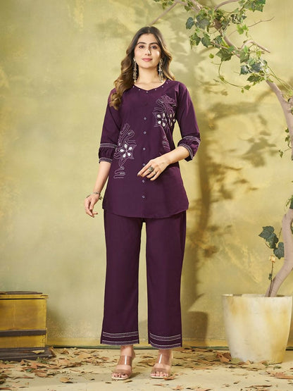 Teeya Creation Wine Embroidered Cotton Co-ord Set for Women