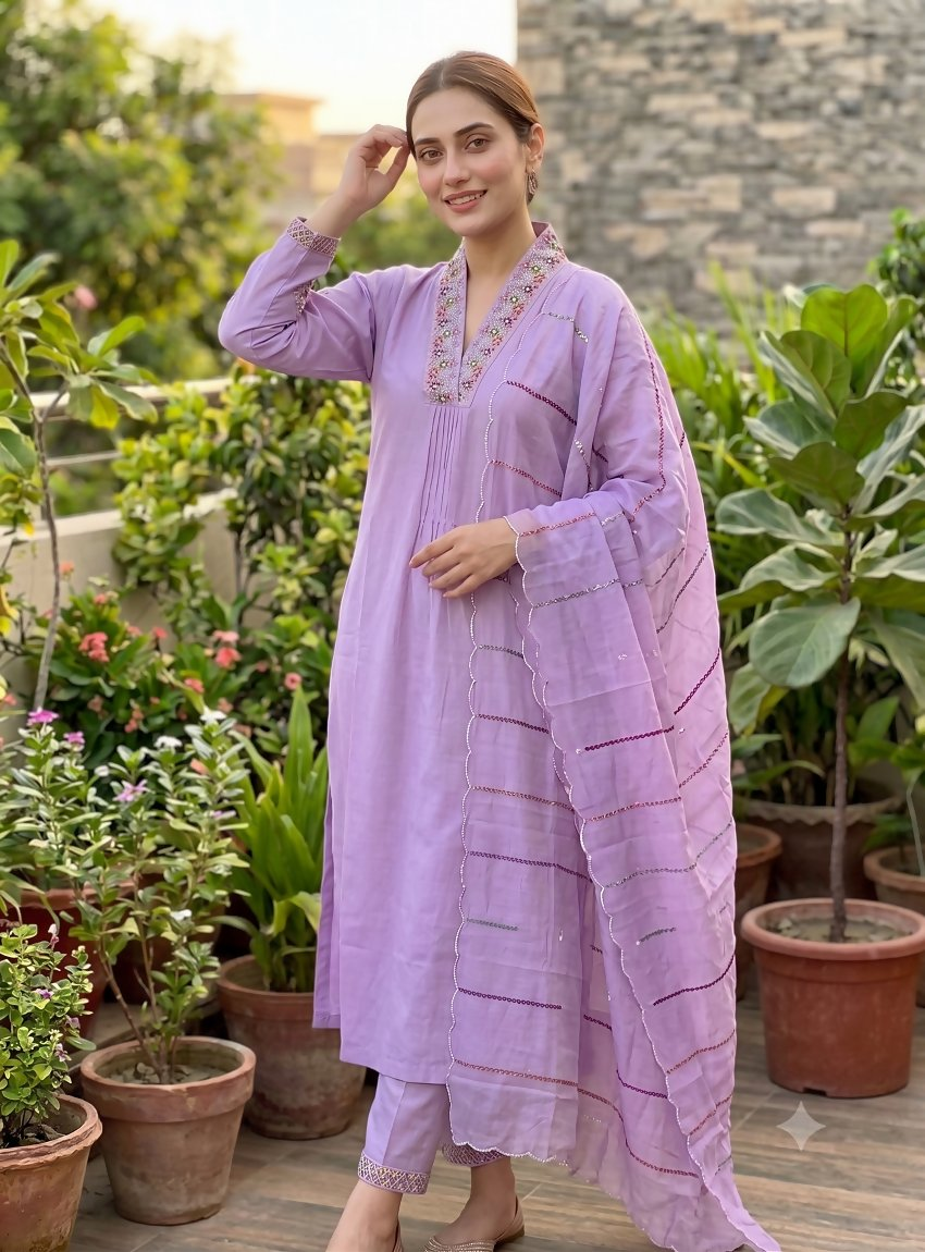 Teeya Creation Lavender Embroidered Silk Kurta Pant Set With Scalloped Dupatta