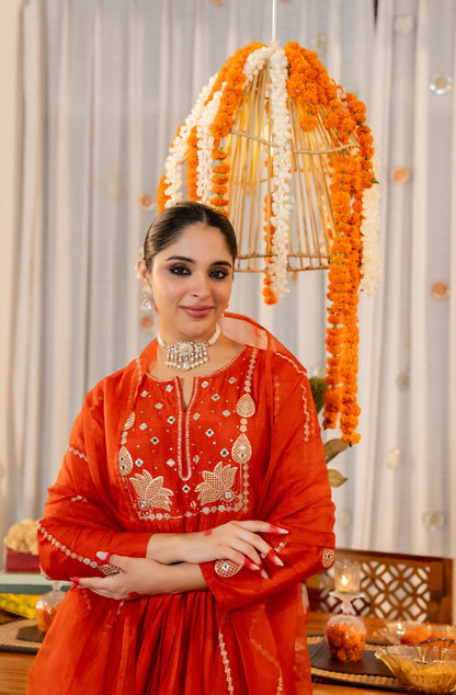 The52 Women's Gorgeous Embroidery Work Chanderi Silk Fabric Flared Kurta Pant and Dupatta Set-Orange