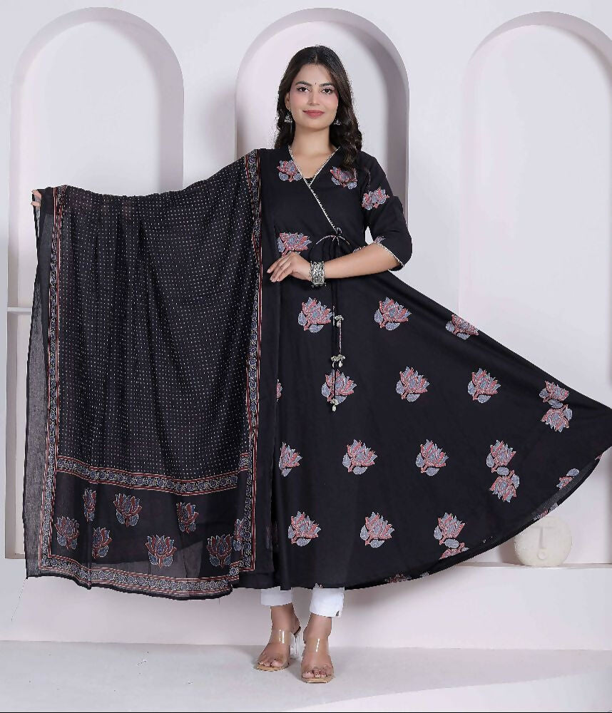 Miravan Black Printed Cotton Anarkali Kurta & Dupatta For Women