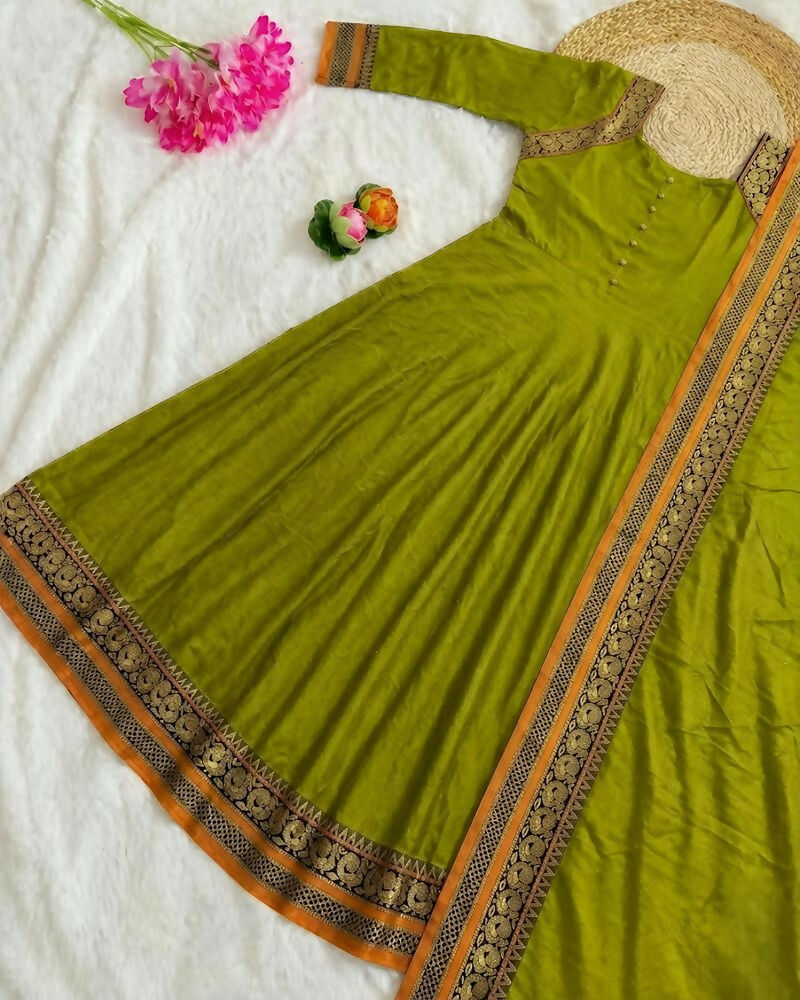 Teeya Creation New Trendy Stylish Olive Green Solid Anarkali Kurta with Traditional Golden Border Dupatta Set