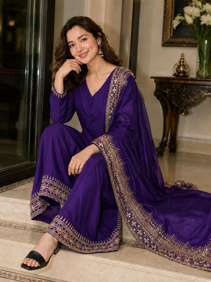 Teeya Creation New Latest Stylish Classic Jambli Festive Kurta Set with Gold Zari Border Palazzo and Dupatta