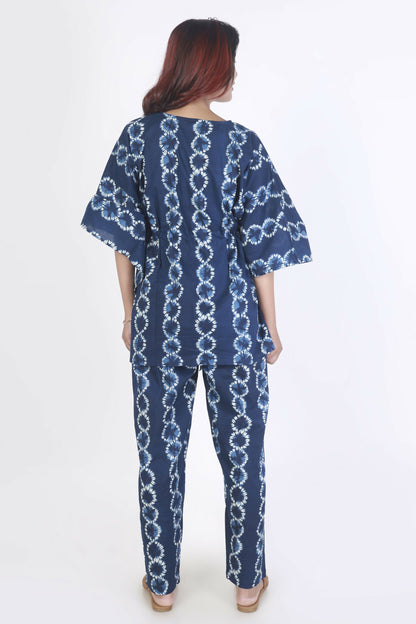 Breathables WomenS Loungewear Kaftan Cotton Blue Abstract Print Co-Ord Set