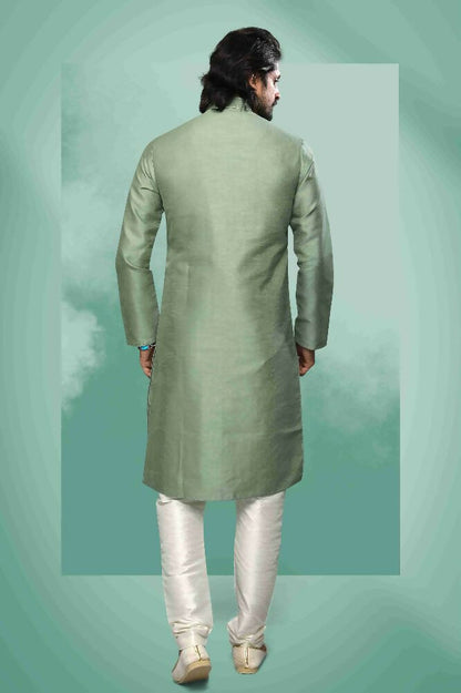 Raivat Ethnic Art Silk Mirror Embroidery Work Kurta Pajama In Light Green Colour