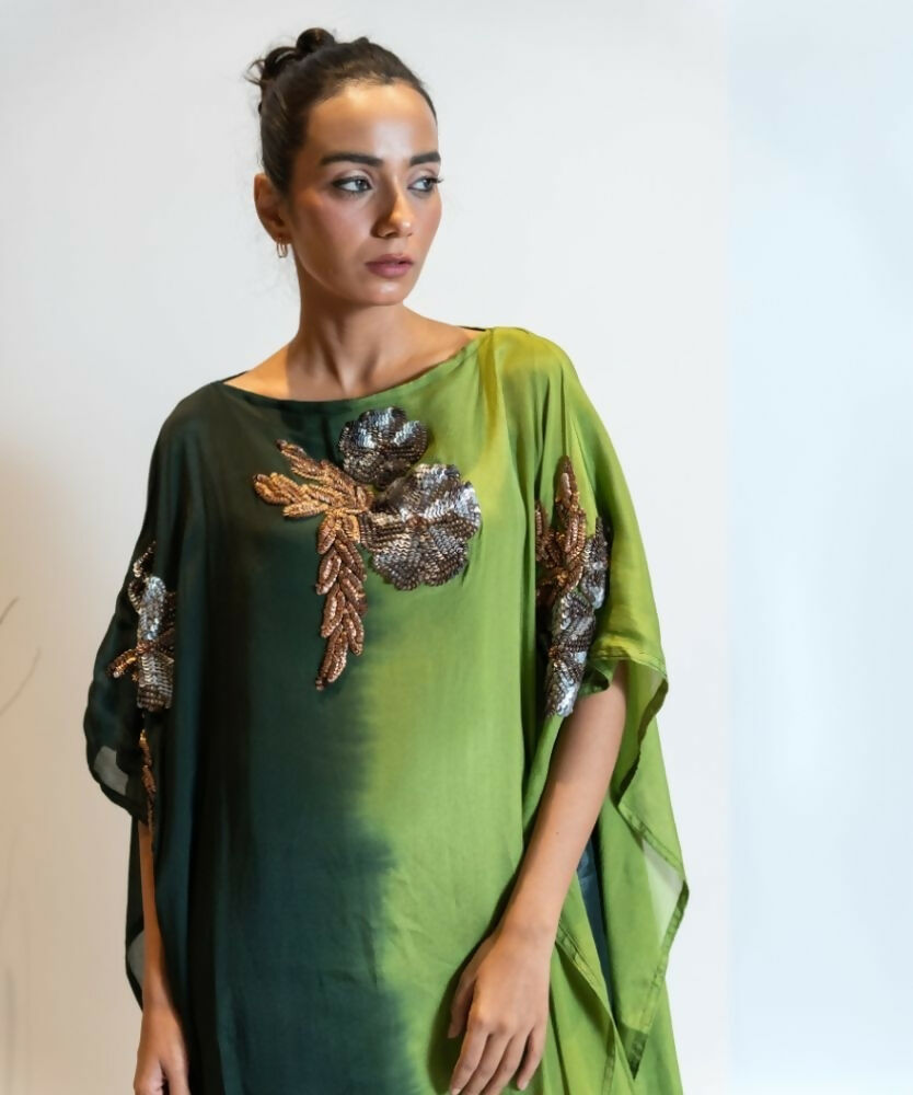 Timaraa Forest Green Ombre Embellished Georgette Kaftan Dress
