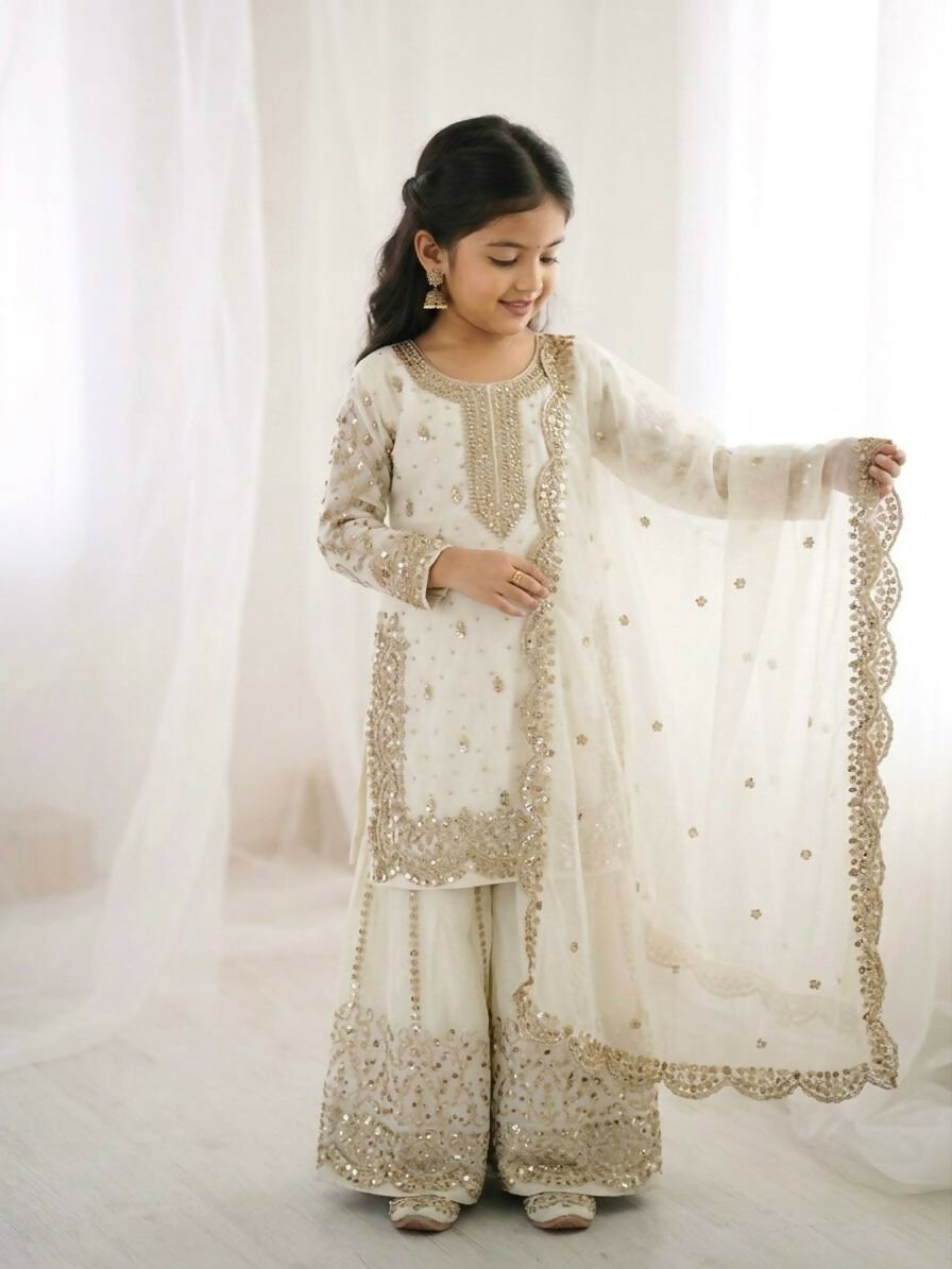 Teeya Creation Girls Heavy Embroidery White Ethnic Kurta And Palazzo Set With Net Dupatta