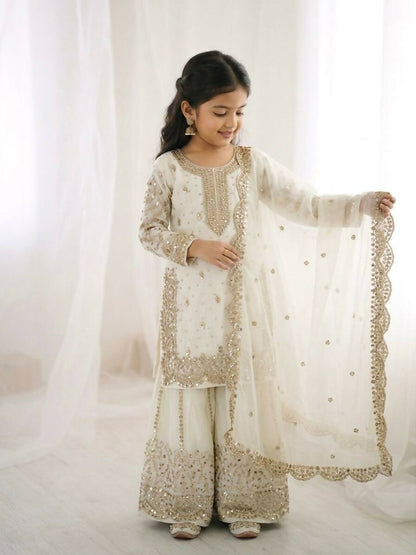 Teeya Creation Girls Heavy Embroidery White Ethnic Kurta And Palazzo Set With Net Dupatta