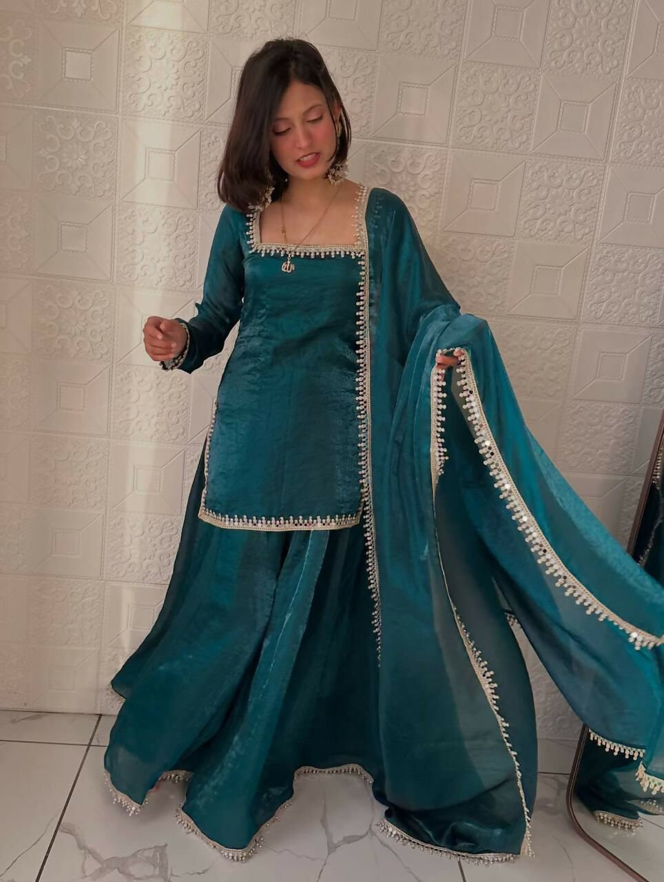 Teeya Creation Womens New Trending Less and Mirror Work Kurta Palazzo Set - Teal