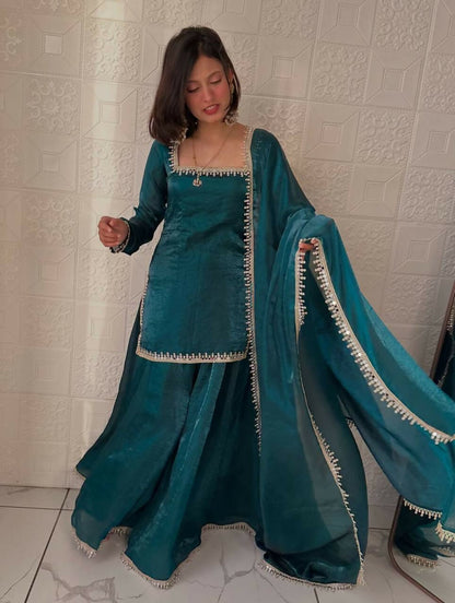 Teeya Creation Womens New Trending Less and Mirror Work Kurta Palazzo Set - Teal
