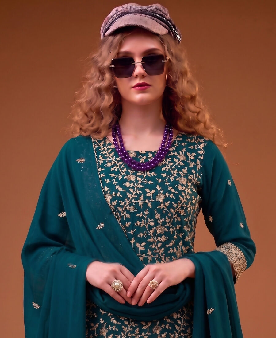 KC Teal Blue Straight Suit For Women Georgette Fabric