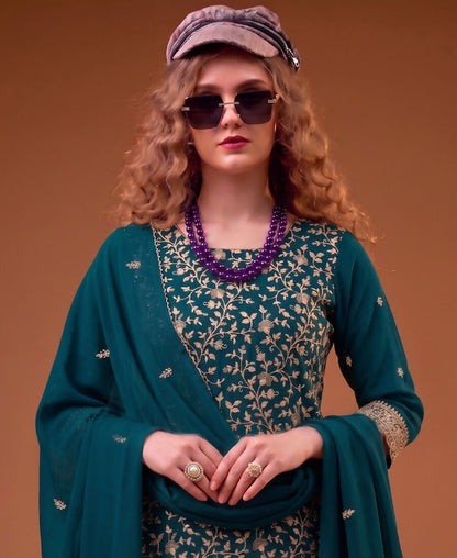 KC Teal Blue Straight Suit For Women Georgette Fabric