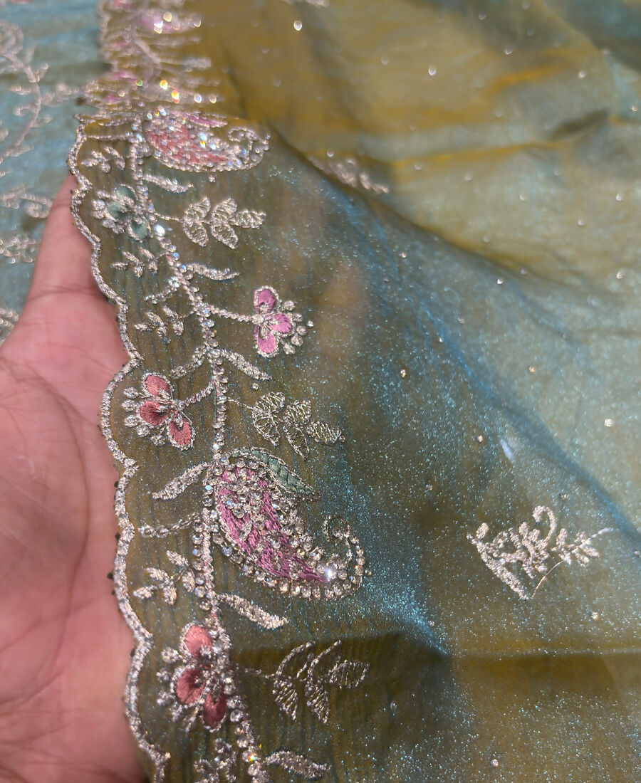 KC Heavy Embroidery Worked Two Ton Moss Silk Parrot Green Suit For Women