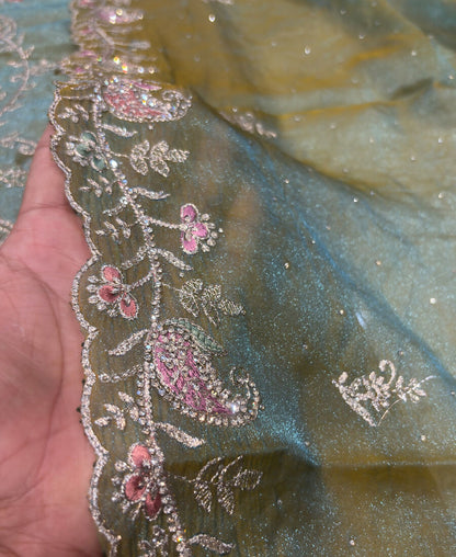 KC Heavy Embroidery Worked Two Ton Moss Silk Parrot Green Suit For Women