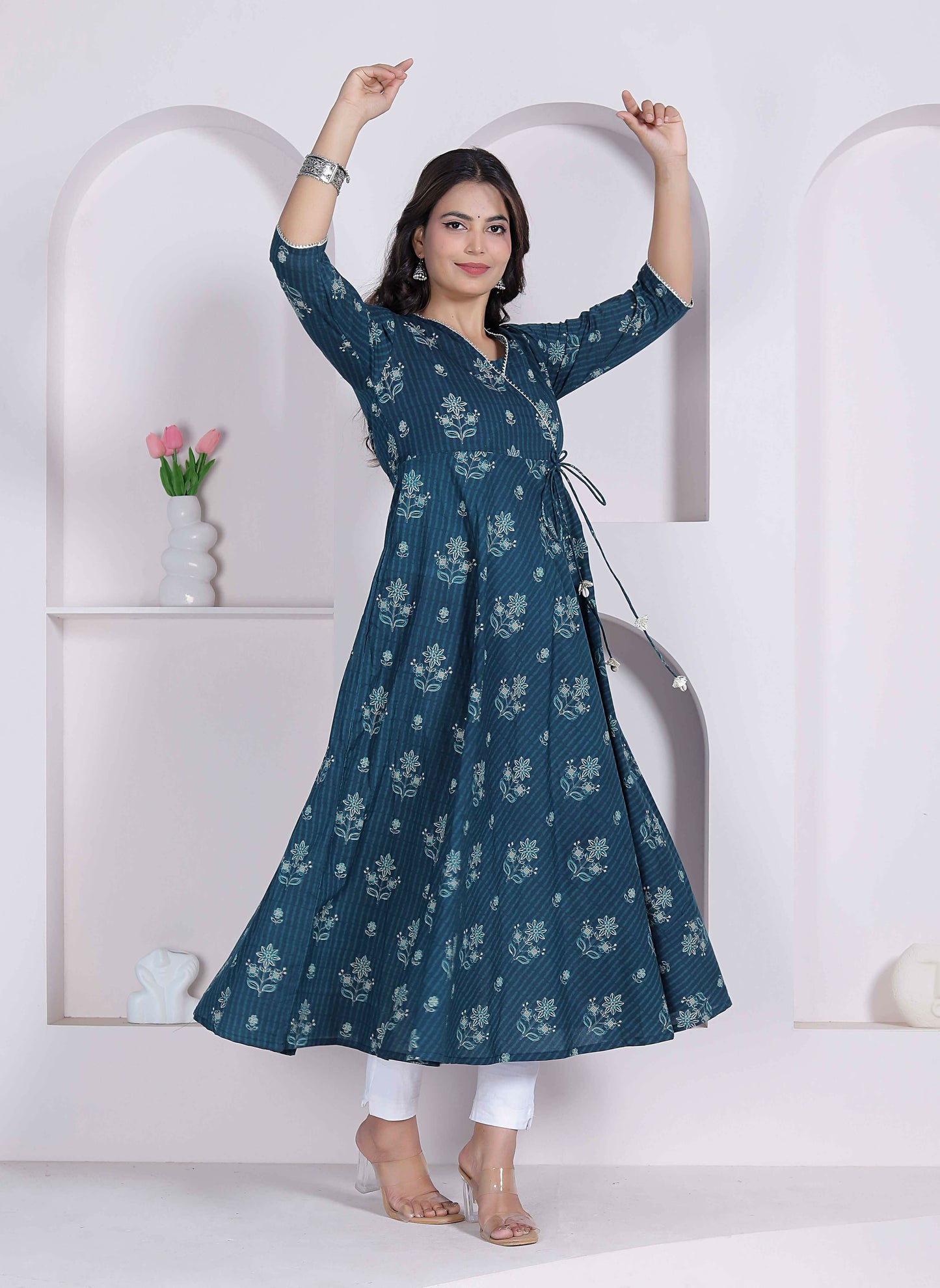 Miravan Womens Blue Ethnic Motifs Printed V-Neck Cotton Angrakha Kurta