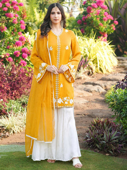 Nikhaar Yellow Embroidered Modal Silk Stitched Straight Cut Kurta Kalidar Palazzo Dupatta Readymade Suit