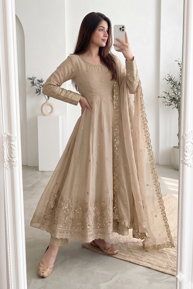 Teeya Creation New Stylish Trendy Elegant Cream Embroidered Anarkali Suit with Dupatta