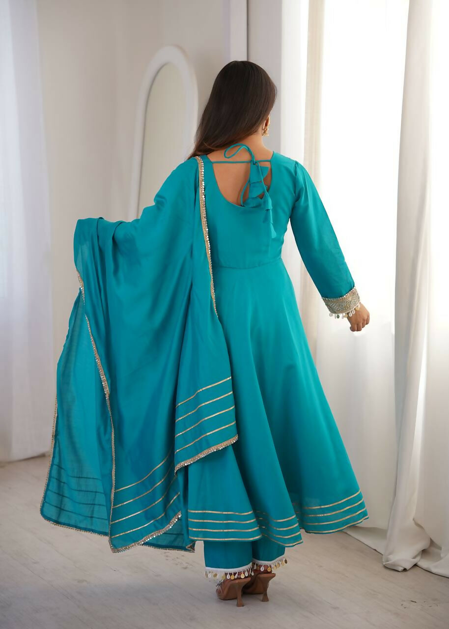 Teeya Creation New Womens Trendy Stylish Teal Blue Embroidered Silk Blend Anarkali Kurta With Pants & Dupatta Set