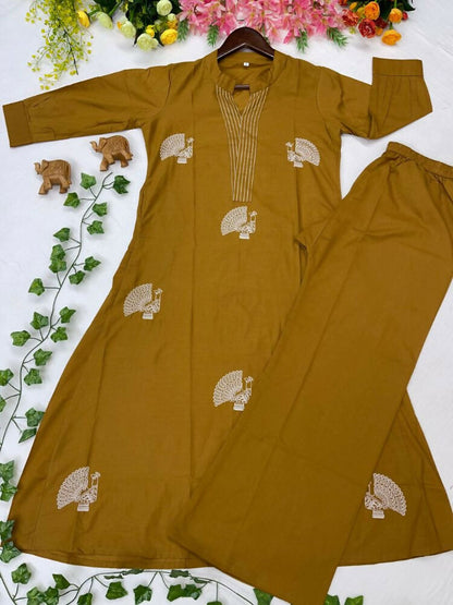 Teeya Creation Women Mustard Cotton Printed Kurta with Trousers Co-ord Set