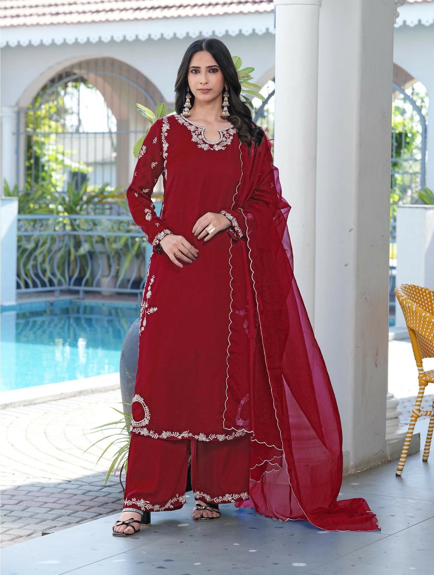 Nikhaar Maroon Embroidered Modal Silk Stitched Straight Cut Kurta Culottes Dupatta Readymade Suit