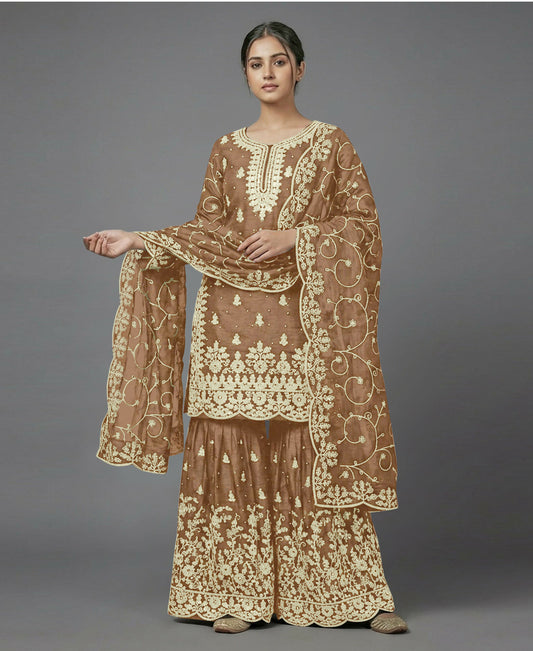 Teeya Creation Womens New Trendy Pure Gmy Silk With Heavy Embroidery Sequence Work Gold Kurta Set