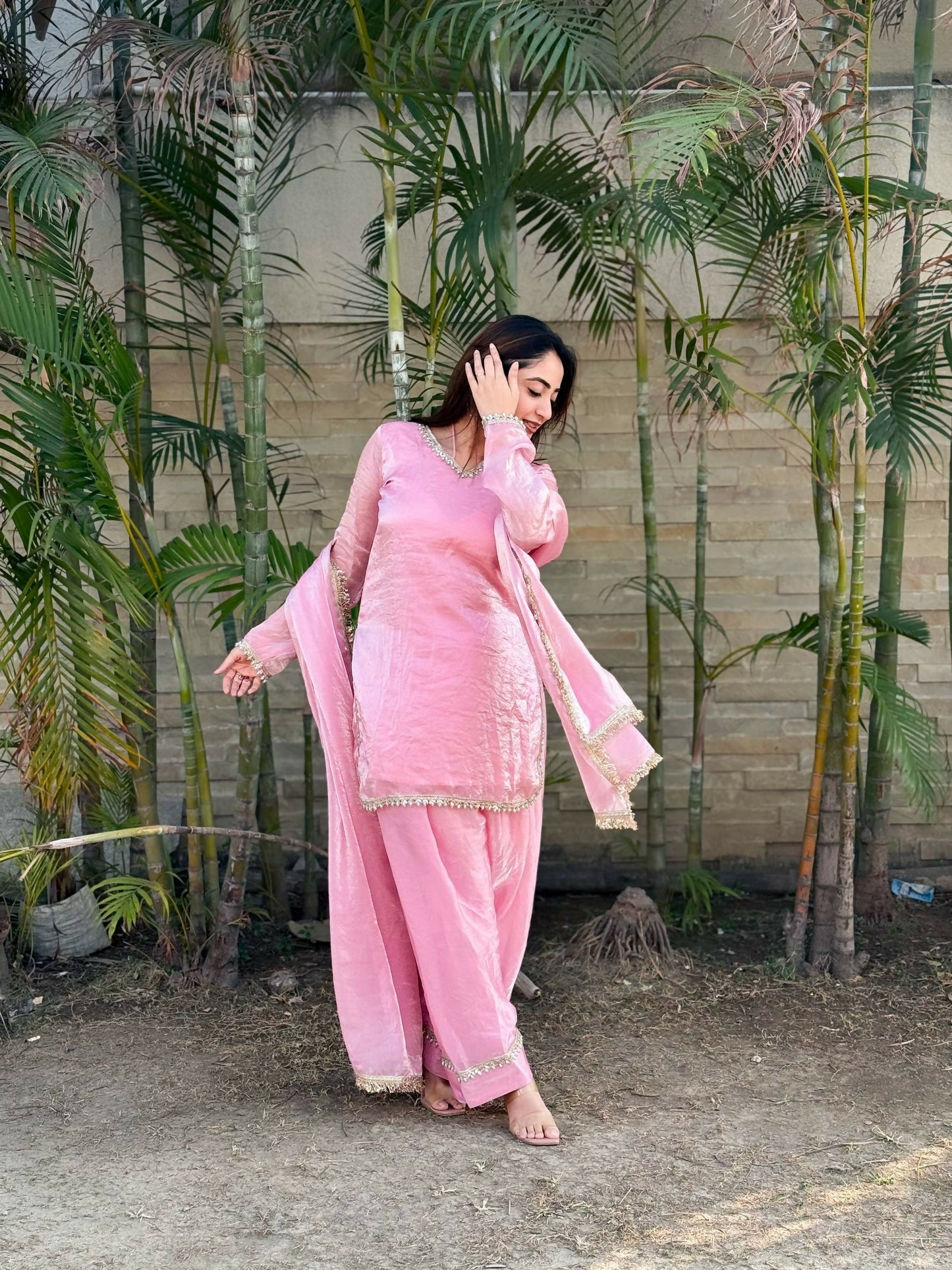 Teeya Creation Womens New Festive Wear Hand Made Real Mirror Pal Moti Lace Baby-Pink Kurta Set