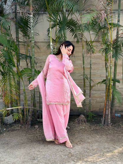 Teeya Creation Womens New Festive Wear Hand Made Real Mirror Pal Moti Lace Baby-Pink Kurta Set
