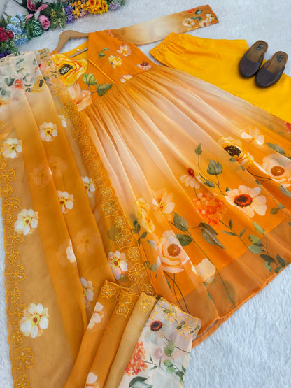 Teeya Creation Womens New Fancy Fox Georgette Heavy Quality Fabric With Handwork Yellow Gown Set