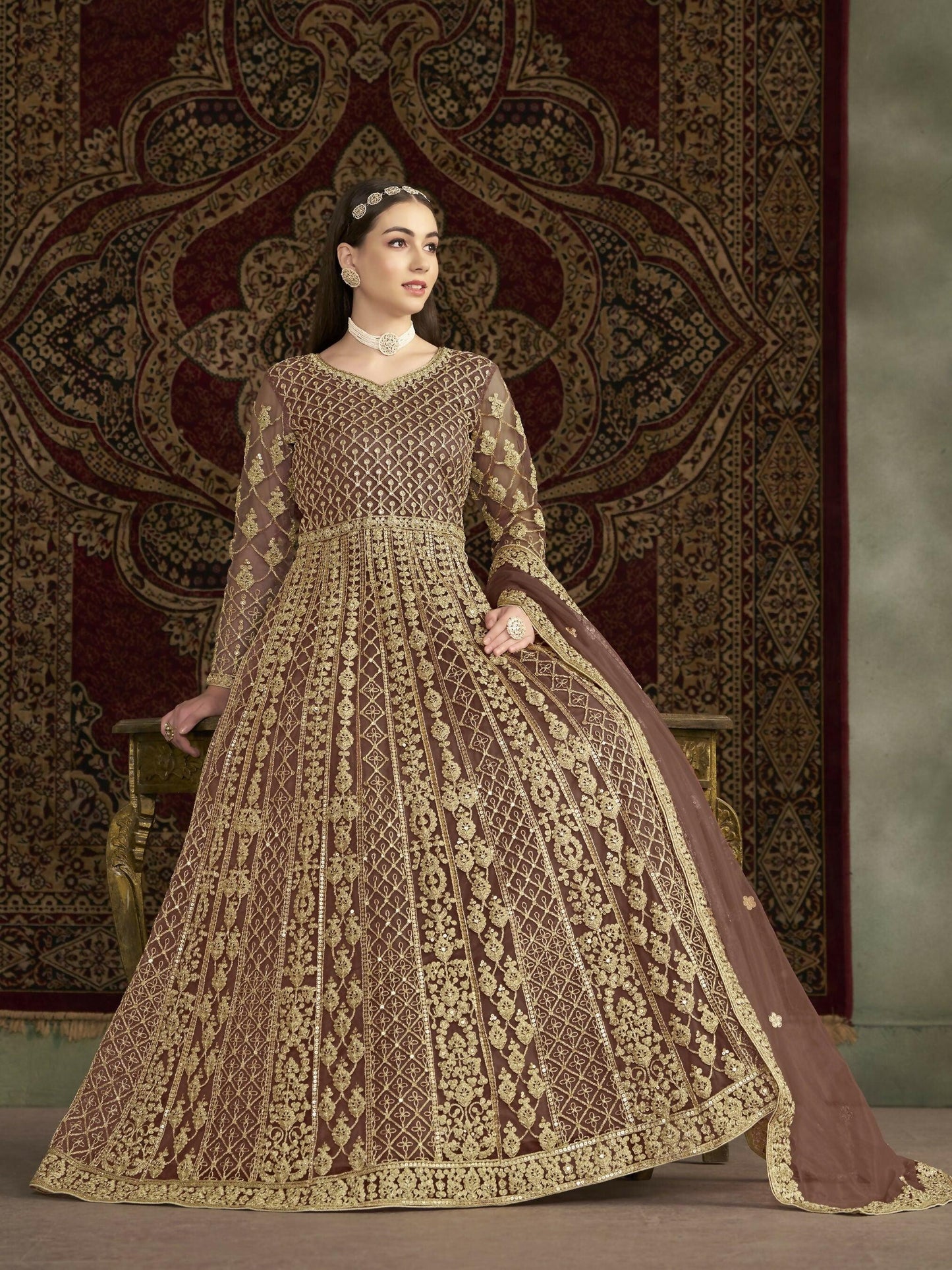 Anaita Coffee Embroidered Net Anarkali Suit