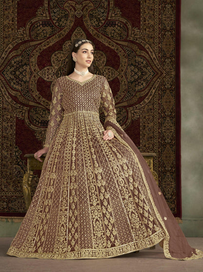 Anaita Coffee Embroidered Net Anarkali Suit