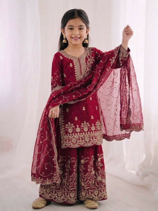 Teeya Creation Girls Heavy Embroidery Pink Ethnic Kurta And Palazzo Set With Net Dupatta