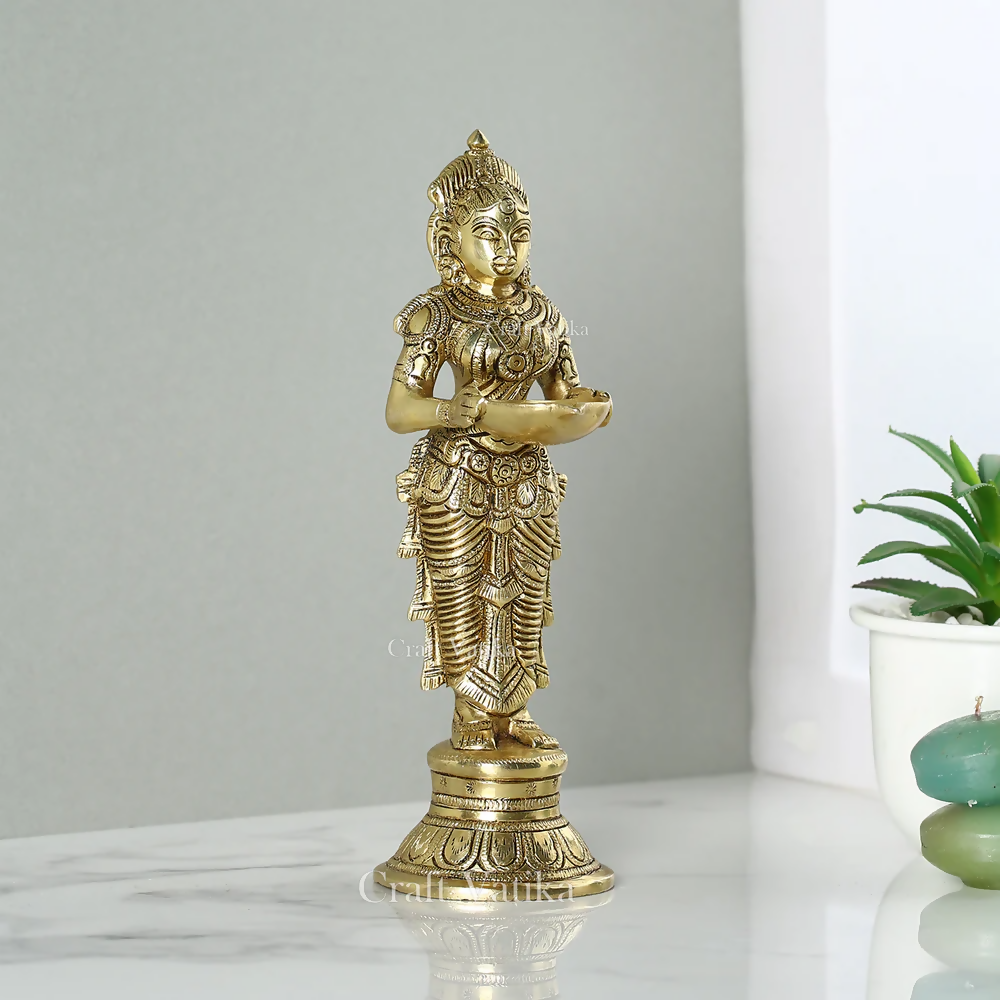 CraftVatika Brass Beautiful Lady Holding Diya Oil Lamp Stand Showpiece