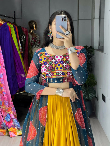 Yash Enterprise Mustard Rama Rayon Cotton Embroidery Semi Stitched Navratri Chaniya Choli