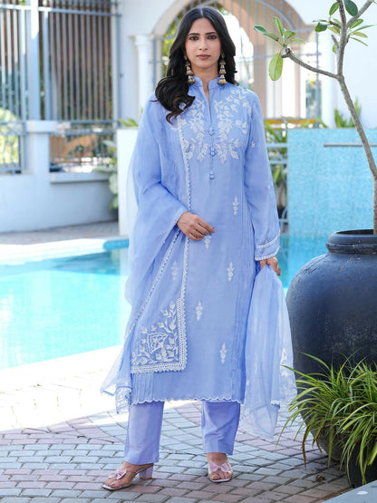 Nikhaar Light Purple Embroidered Modal Silk Stitched Straight Cut Kurta Pants Dupatta Readymade Suit