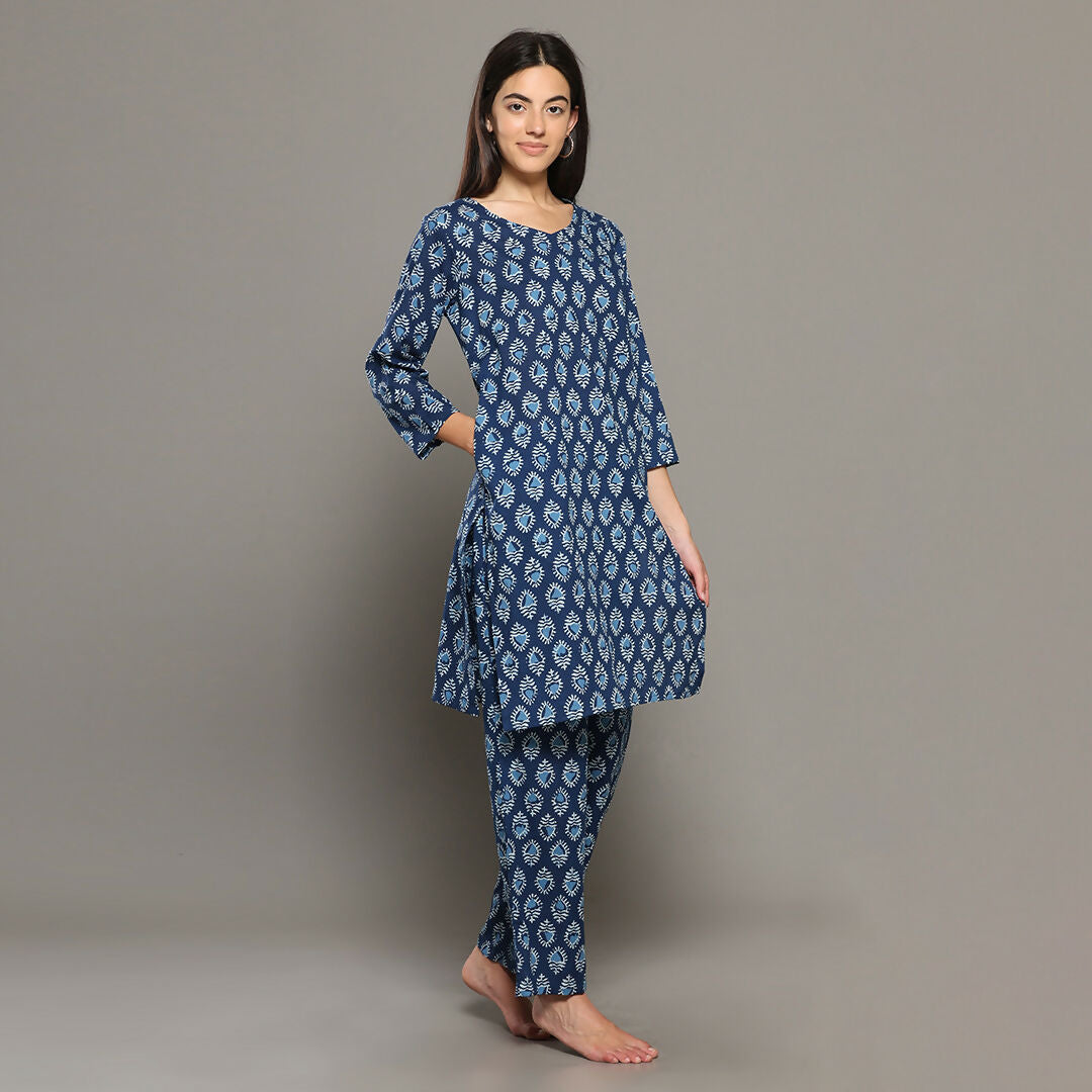 Breathables Blue Women Cotton Printed Loungewear Kurta And Pants Co-Ord Set I Night Wear | Butta Print