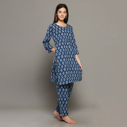 Breathables Blue Women Cotton Printed Loungewear Kurta And Pants Co-Ord Set I Night Wear | Butta Print