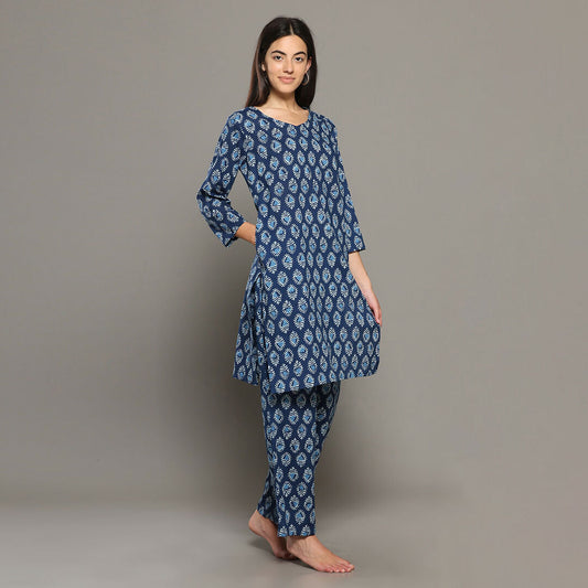 Breathables Blue Women Cotton Printed Loungewear Kurta And Pants Co-Ord Set I Night Wear | Butta Print