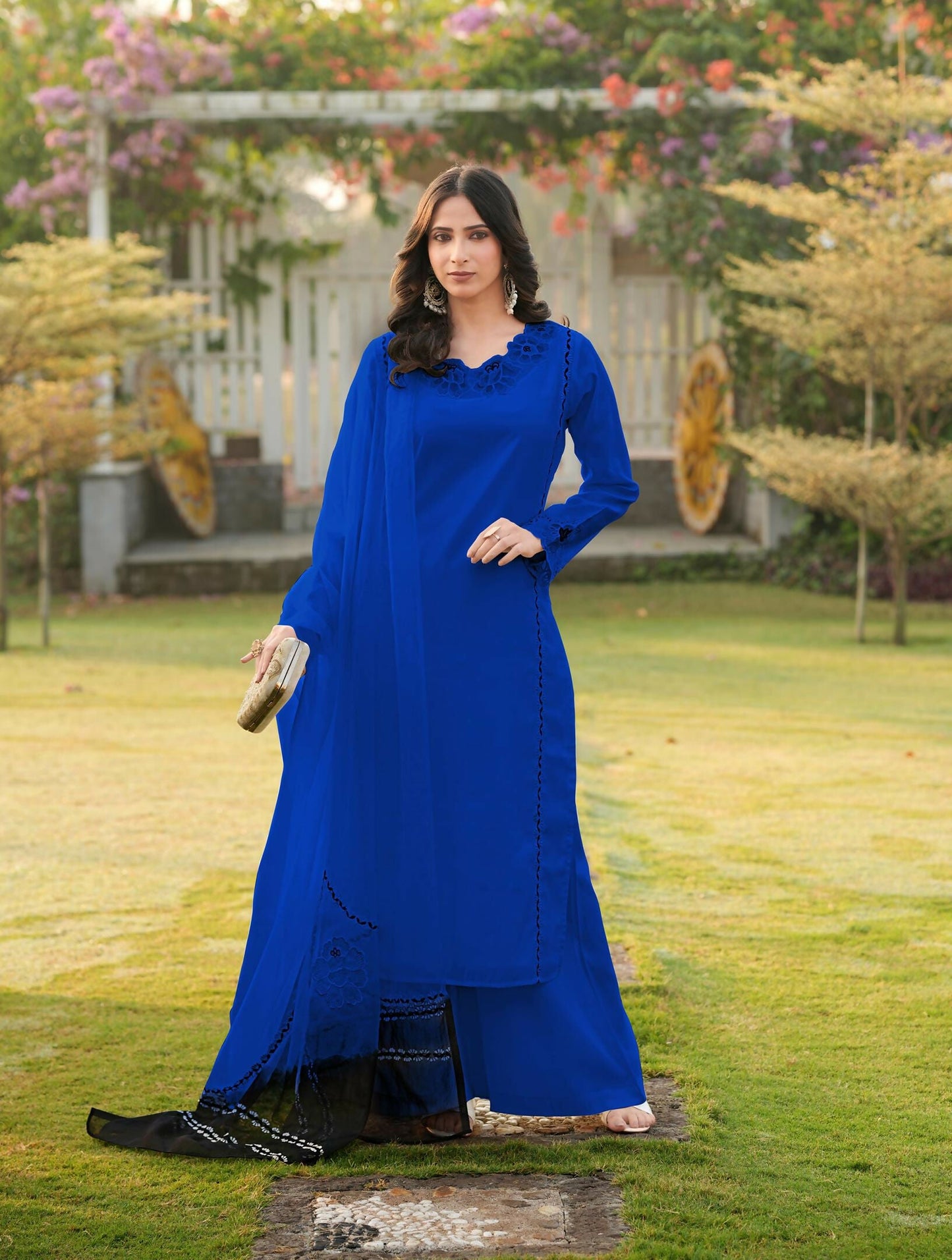 Nikhaar Royal Blue Embroidered Art Silk Stitched Straight Cut Kurta Palazzo Dupatta Readymade Suit