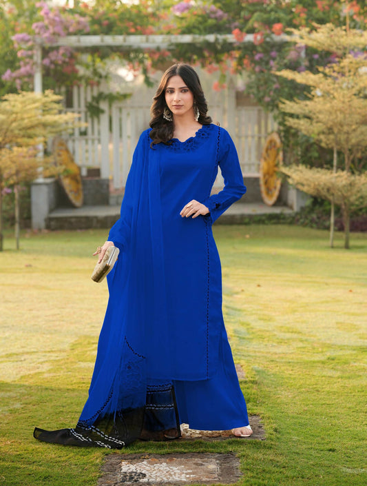 Nikhaar Royal Blue Embroidered Art Silk Stitched Straight Cut Kurta Palazzo Dupatta Readymade Suit