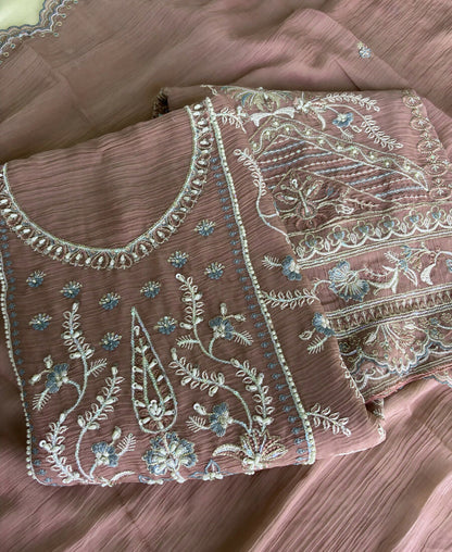 KC Beautiful Peach Chiffon Silk Hand Embroidery Suit For Women