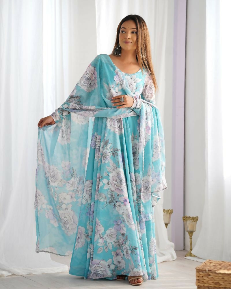 The52 Women's Gorgeous Printed Fox Georgette Fabric Flared Anarkali and Dupatta Set