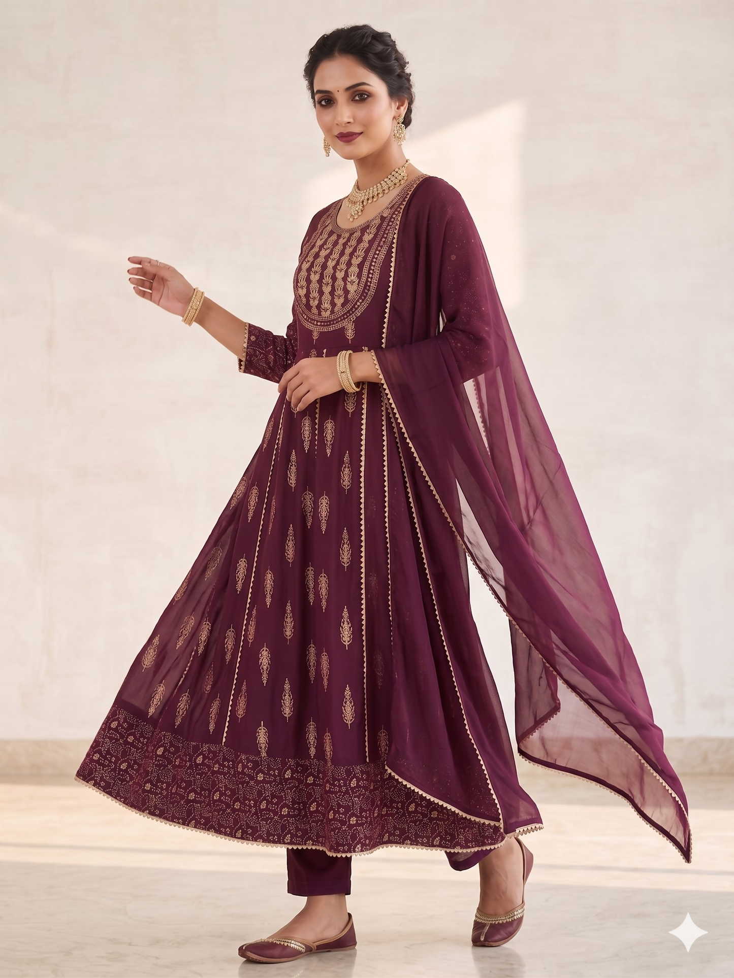 Teeya Creation Women's Premium Wine Color Fully Stitched Anarkali Kurta With Pant And Dupatta Set
