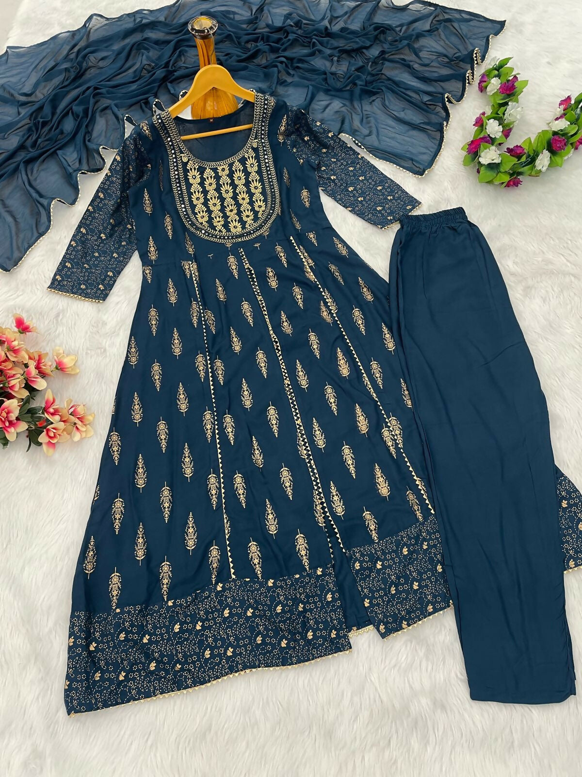 Teeya Creation Women's Teal Blue Fully Stitched Anarkali Suit With Pant And Dupatta