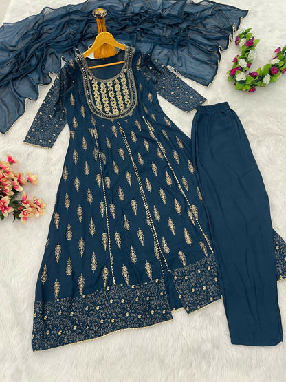 Teeya Creation Women's Teal Blue Fully Stitched Anarkali Suit With Pant And Dupatta