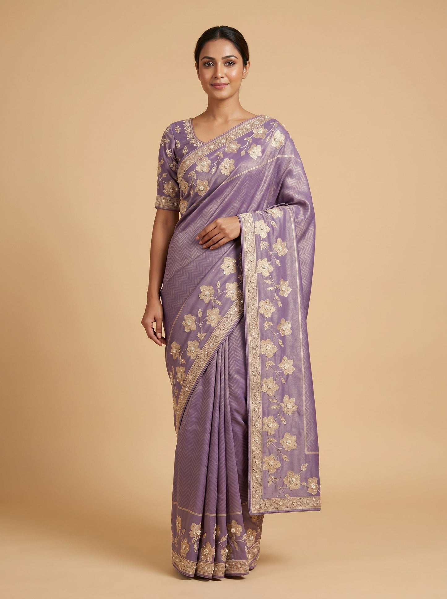 Lavender Airy Embellishment Embroidered Saree