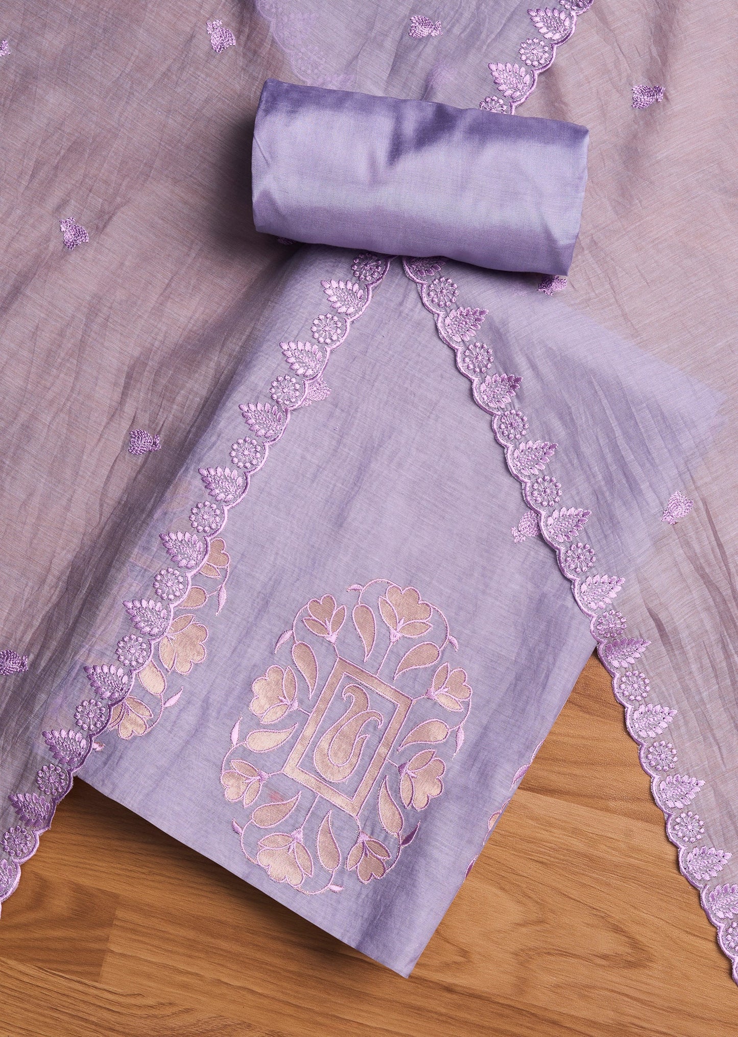 Lavender Chanderi Embroidered Unstitched Suit Set