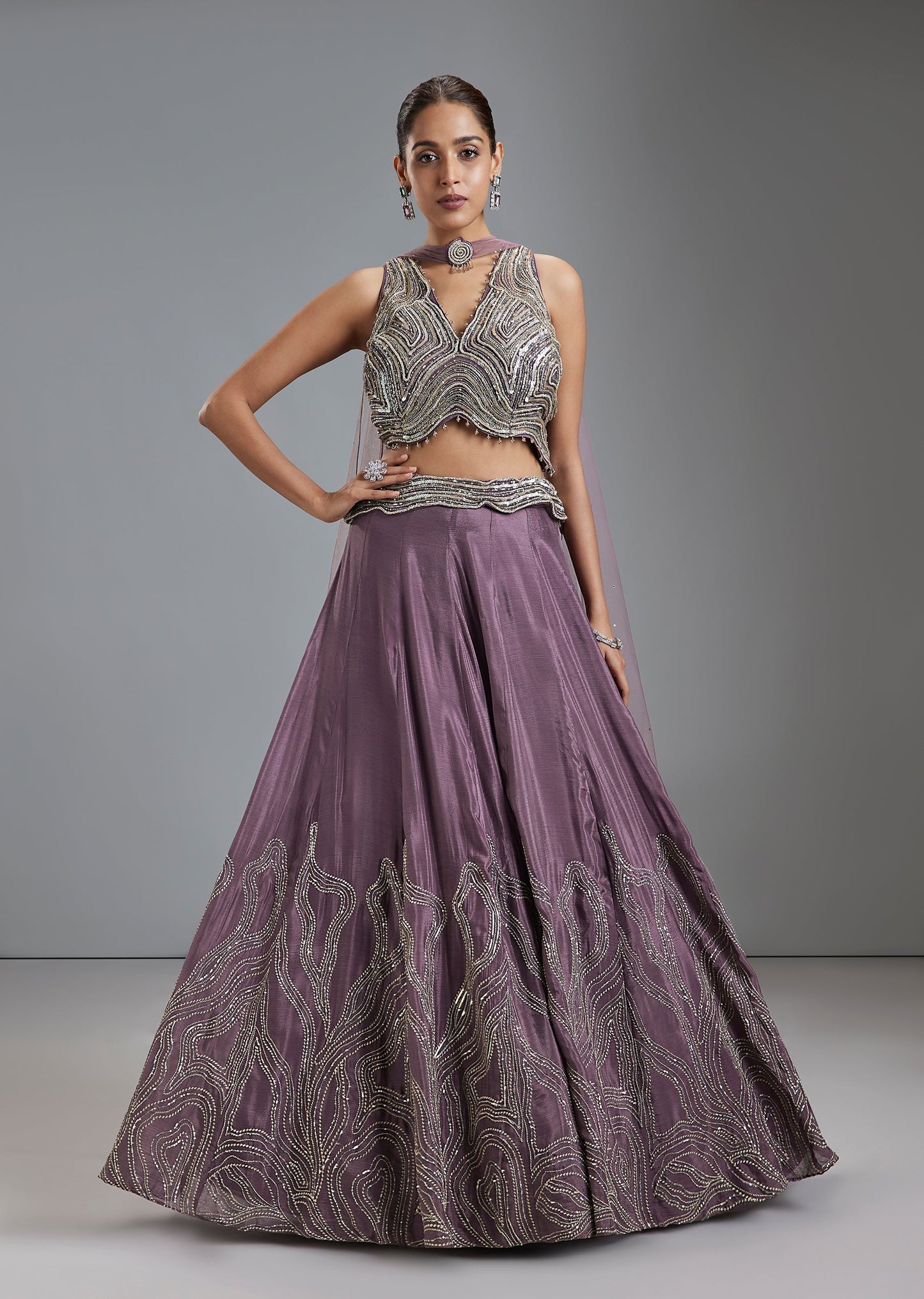 Lavender Chinon Lehenga With Sequin Cut Dana Choli And Cross Back Detail
