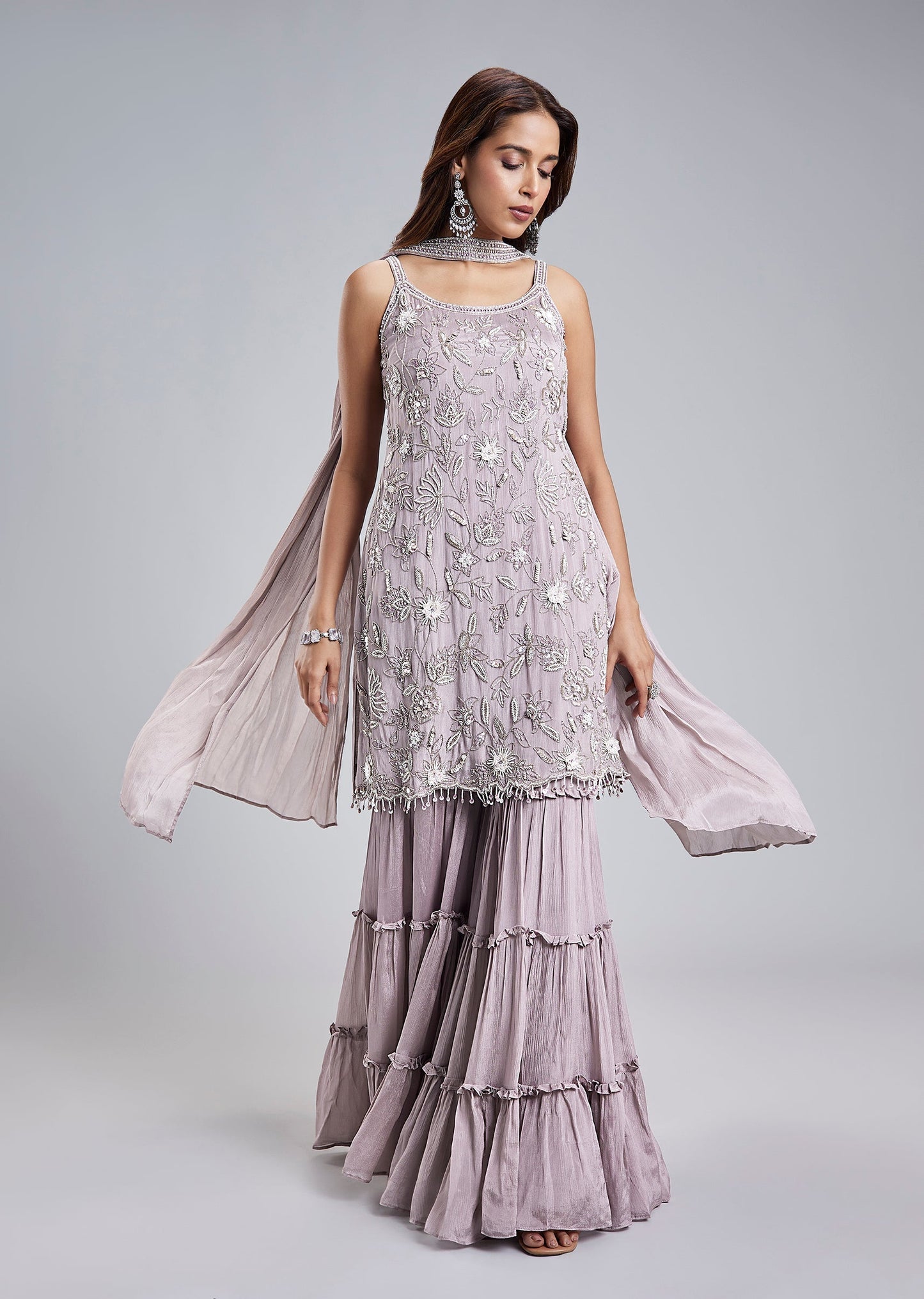 Lavender Chinon Sharara Set With Floral Cutdana Sequins Work And Dupatta
