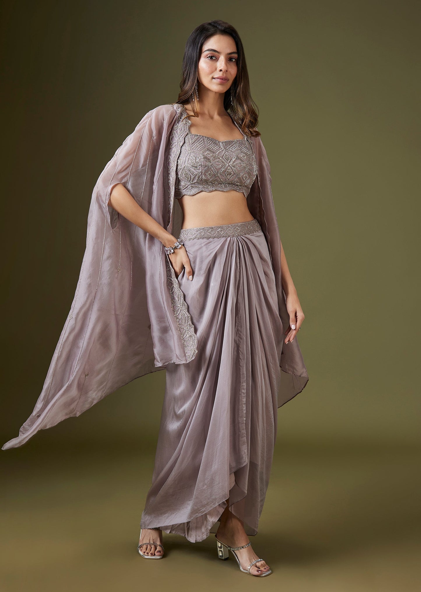 Lavender Embellished Crop Top Skirt Set With Organza Cape