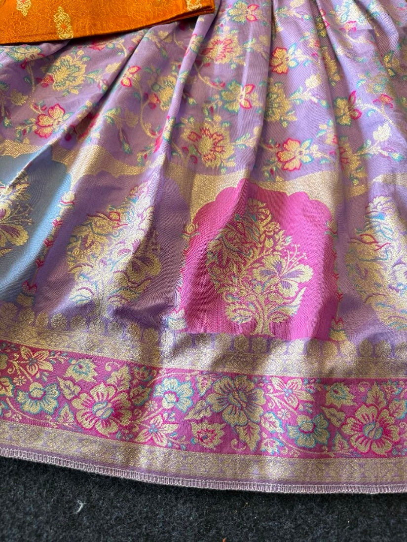 Evanik Festive Wear Lavender Dola Silk zari and thread weaving Gown With Orange Koti